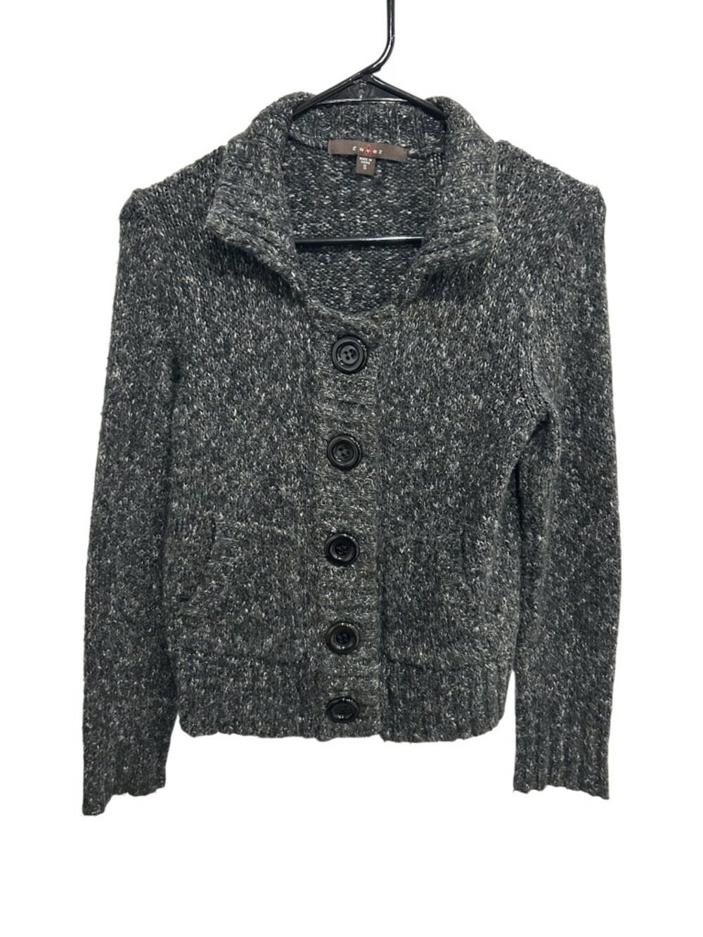 Fever Womens Gray Button Up Cardigan Sweater Shawl Collar Pockets Size S Chic